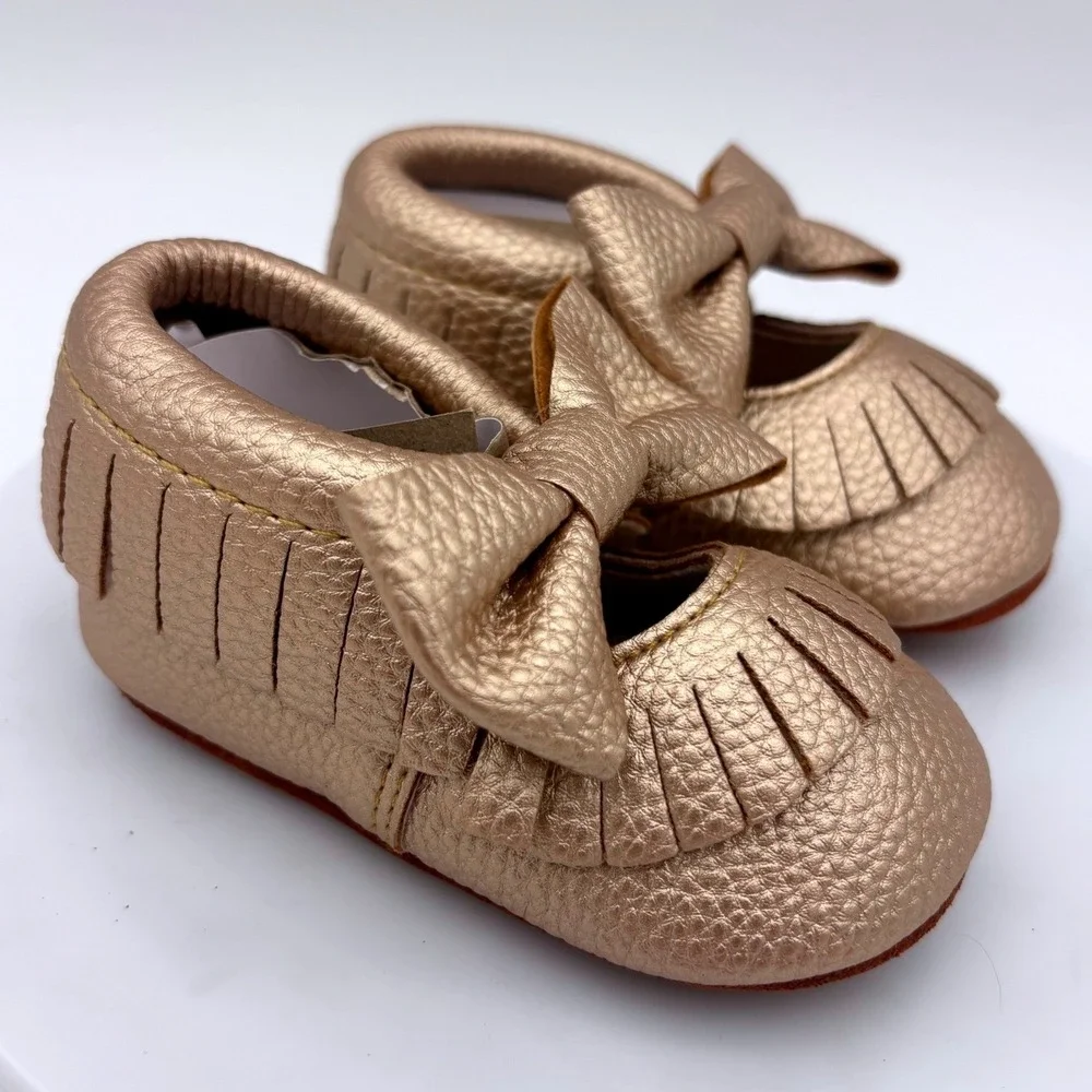 NEW Gold Baby Moccasin Shoe Bow Mary Jane Metallic Baby Soft Sole 0-6 Months